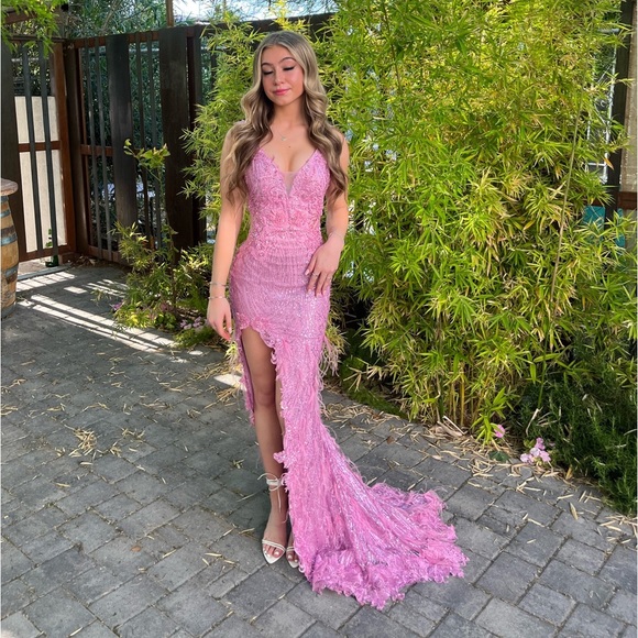 Portia and Scarlett prom, formal mermaid, pink, sparkly, feather dress - Picture 4 of 7